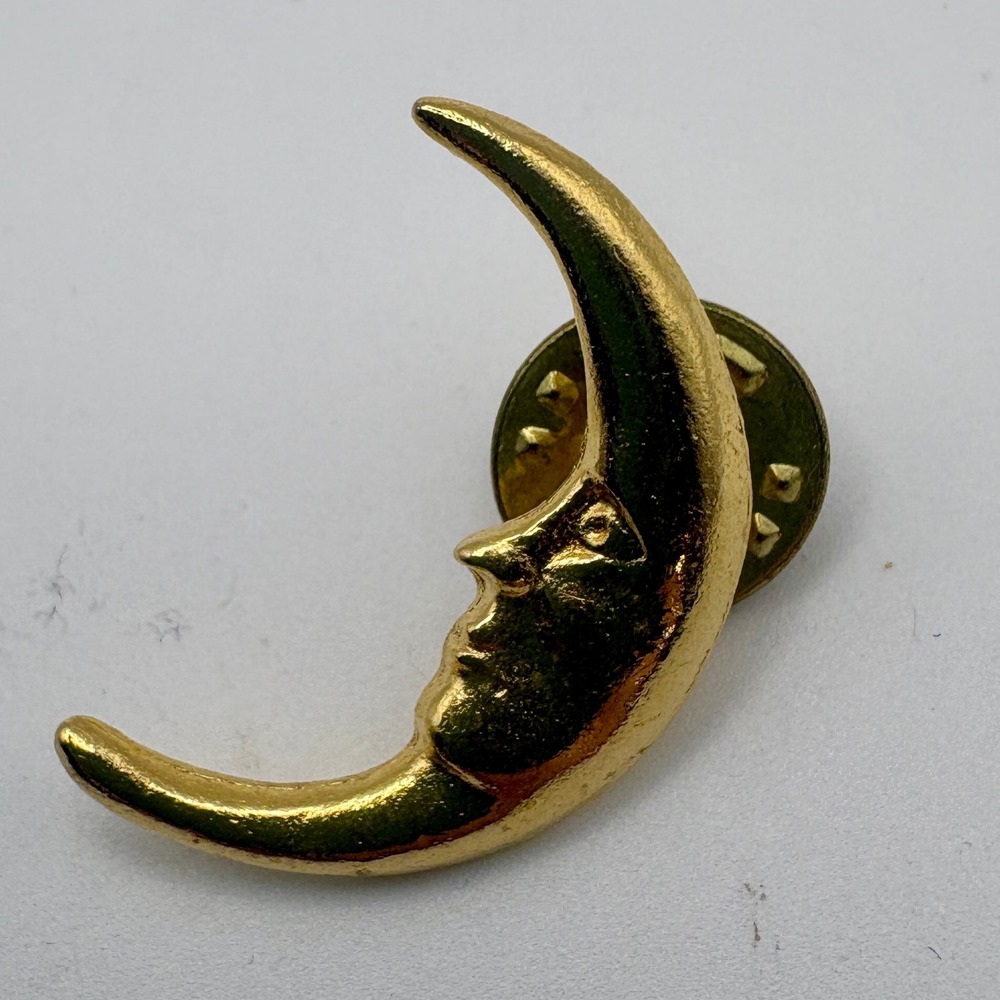 Vintage Gold Tone Crescent Man in the Moon Lapel Pin Celestial Made in USA